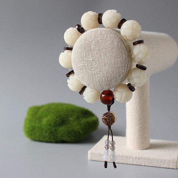 White Bodhi Seed Lotus Flower Wrist Mala